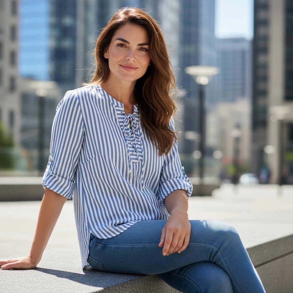 Ruby Rd. Women’s Blue & White Striped Blouse  Size M New With Tags - Picture 2 of 15
